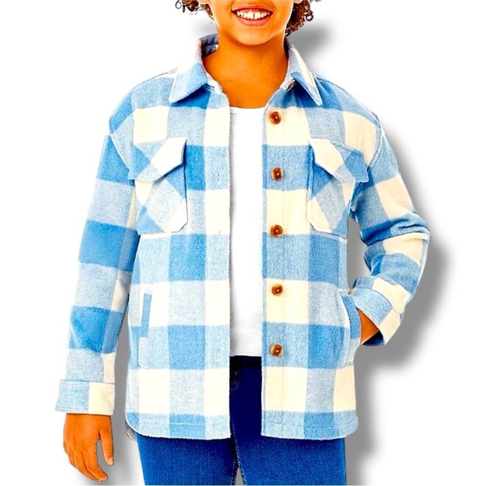 NEW Members Mark Size L (10-12) Blue/White Plaid Shacket Shirt-Jacket Pockets